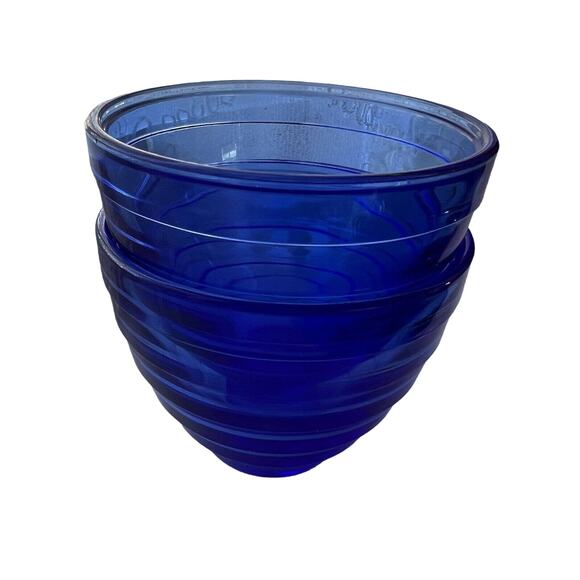 2 Hazel Atlas Cobalt Blue Glass Custard Dish Cups Bowls Ribbed Striped 3" - Picture 5 of 5